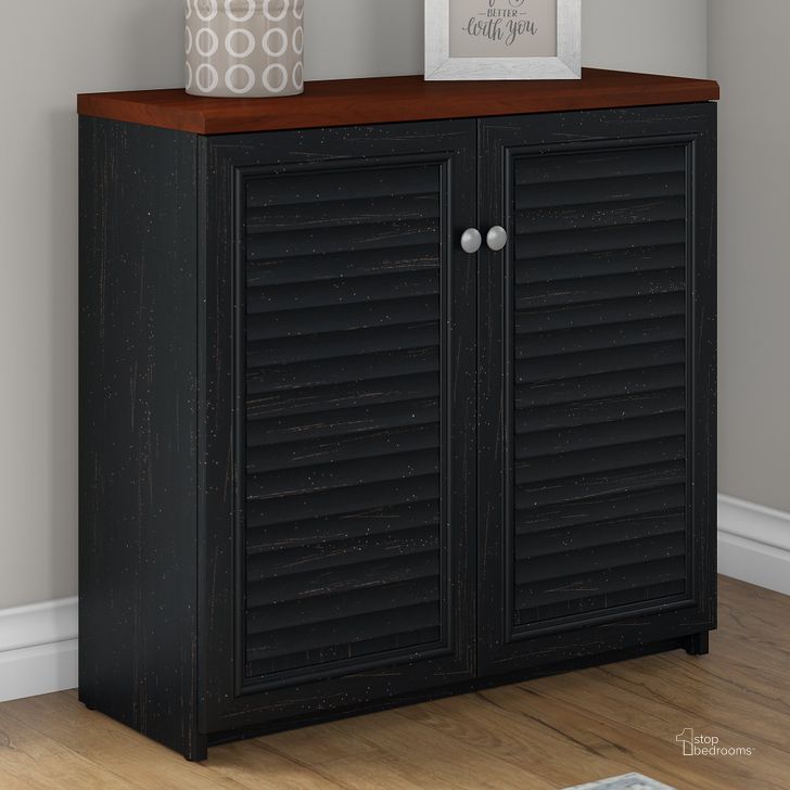 The appearance of Fairview Small Storage Cabinet with Doors in Antique Black and Hansen Cherry designed by Bush Furniture in the country / farmhouse interior design. This antique black piece of furniture  was selected by 1StopBedrooms from Fairview Collection to add a touch of cosiness and style into your home. Sku: WC53996-03. Product Type: Storage Cabinet. Image1