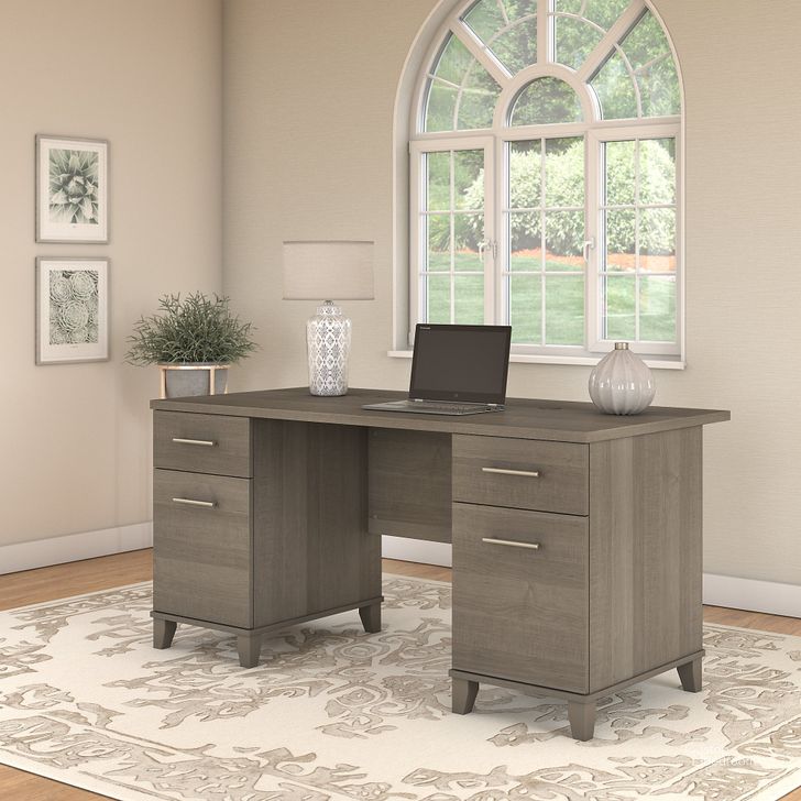 The appearance of Somerset 60W Office Desk in Ash Gray designed by Bush Furniture in the transitional interior design. This ash gray piece of furniture  was selected by 1StopBedrooms from Somerset Collection to add a touch of cosiness and style into your home. Sku: WC81628K. Product Type: Office Desk. Image1