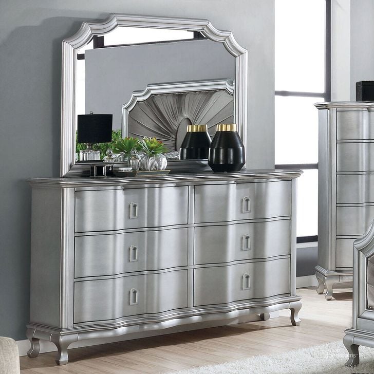 The appearance of Aalok Dresser In Silver designed by Furniture of America in the glam interior design. This silver piece of furniture  was selected by 1StopBedrooms from Aalok Collection to add a touch of cosiness and style into your home. Sku: CM7864D. Material: Wood. Product Type: Dresser. Image1