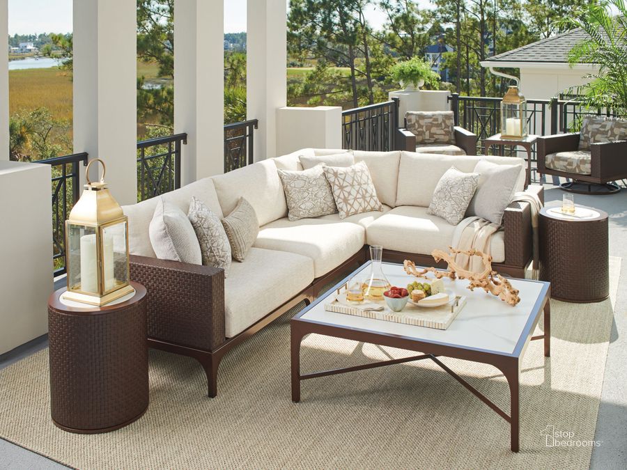 The appearance of Abaco English Walnut and White Outdoor Square Occasional Table Set designed by Tommy Bahama in the transitional interior design. This white and brown piece of furniture  was selected by 1StopBedrooms from Abaco Collection to add a touch of cosiness and style into your home. Sku: 01-3420-945;01-3420-952. Product Type: Occasional Table Set. Image1
