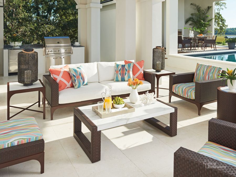 The appearance of Abaco Rich Tones and White Outdoor Rectangular Occasional Table Set designed by Tommy Bahama in the transitional interior design. This white and brown piece of furniture  was selected by 1StopBedrooms from Abaco Collection to add a touch of cosiness and style into your home. Sku: 01-3420-947;01-3420-952. Product Type: Occasional Table Set. Image1