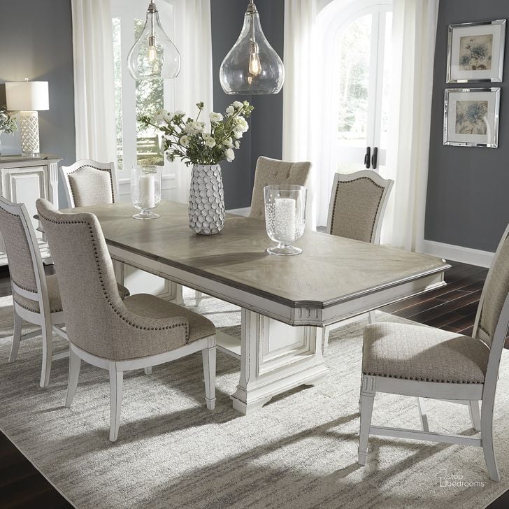 The appearance of Abbey Park Antique White Trestle Dining Room Set designed by Liberty in the traditional interior design. This white piece of furniture  was selected by 1StopBedrooms from Abbey Park Collection to add a touch of cosiness and style into your home. Sku: 520-P4298;520-T4298;520-C6501S. Table Base Style: Trestle. Product Type: Dining Room Set. Table Top Shape: Rectangular. Material: Rubberwood. Image1