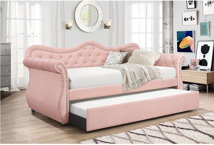 The appearance of Abby Daybed In Pink designed by Galaxy Home Furnishings in the modern / contemporary interior design. This pink piece of furniture  was selected by 1StopBedrooms from Abby Collection to add a touch of cosiness and style into your home. Sku: 808857850904. Bed Type: Daybed. Material: Wood. Product Type: DayBed. Image1