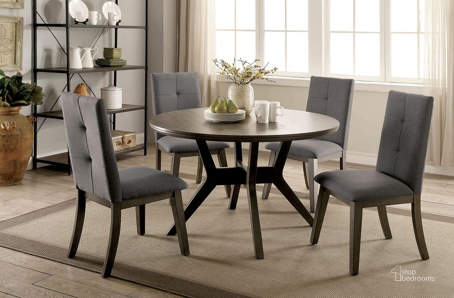 The appearance of Abelone Round Table In Gray designed by Furniture of America in the rustic / southwestern interior design. This gray piece of furniture  was selected by 1StopBedrooms from Abelone Collection to add a touch of cosiness and style into your home. Sku: CM3354GY-RT-VN. Table Base Style: Legs. Table Top Shape: Round. Material: Wood. Product Type: Dining Table. Size: 48.