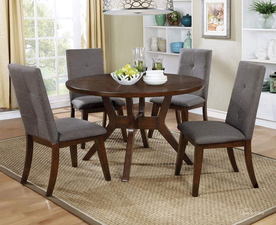 The appearance of Abelone Round Table In Walnut and Gray designed by Furniture of America in the rustic / southwestern interior design. This walnut and grey piece of furniture  was selected by 1StopBedrooms from Abelone Collection to add a touch of cosiness and style into your home. Sku: CM3354RT-VN. Table Base Style: Legs. Table Top Shape: Round. Material: Wood. Product Type: Dining Table. Size: 48". Image1