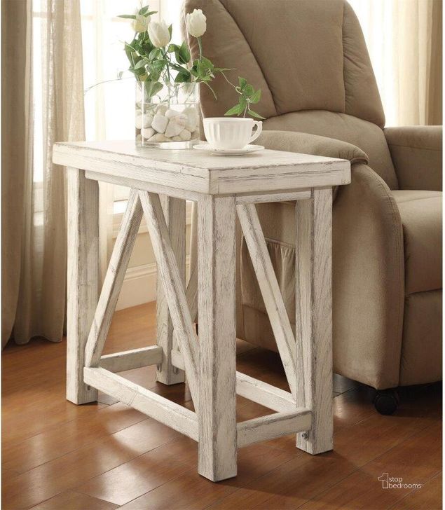 The appearance of Aberdeen Weathered Worn White Chairside Table designed by Riverside Furniture in the transitional interior design. This white piece of furniture  was selected by 1StopBedrooms from Aberdeen Collection to add a touch of cosiness and style into your home. Sku: 21212. Product Type: End Table. Image1