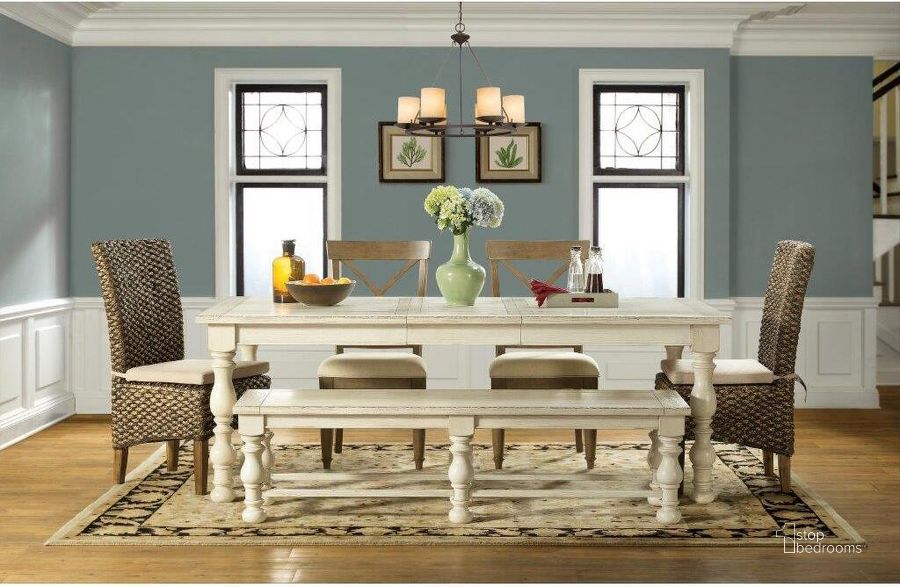 The appearance of Aberdeen Weathered Worn White Dining Bench designed by Riverside Furniture in the transitional interior design. This white piece of furniture  was selected by 1StopBedrooms from Aberdeen Collection to add a touch of cosiness and style into your home. Sku: 21259. Product Type: Dining Bench. Image1