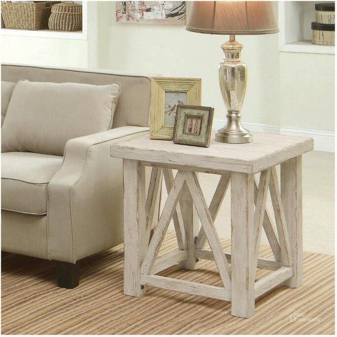 The appearance of Aberdeen Weathered Worn White End Table designed by Riverside Furniture in the transitional interior design. This white piece of furniture  was selected by 1StopBedrooms from Aberdeen Collection to add a touch of cosiness and style into your home. Sku: 21209. Product Type: End Table. Image1