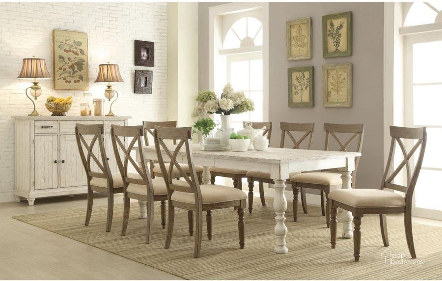 The appearance of Aberdeen Weathered Worn White Extendable Rectangular Dining Room Set designed by Riverside Furniture in the transitional interior design. This white piece of furniture  was selected by 1StopBedrooms from Aberdeen Collection to add a touch of cosiness and style into your home. Sku: 21250;21258. Table Base Style: Legs. Product Type: Dining Room Set. Table Top Shape: Rectangular. Size: 42". Image1