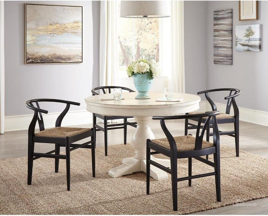 The appearance of Aberdeen Weathered Worn White Extendable Round Dining Table designed by Riverside Furniture in the transitional interior design. This white piece of furniture  was selected by 1StopBedrooms from Aberdeen Collection to add a touch of cosiness and style into your home. Sku: 21251;21252;21253. Table Base Style: Pedestal. Table Top Shape: Round. Product Type: Dining Table. Size: 48". Image1