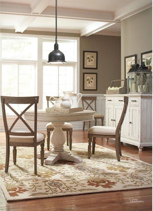 The appearance of Aberdeen Weathered Worn White Round Extendable Dining Room Set designed by Riverside Furniture in the transitional interior design. This white piece of furniture  was selected by 1StopBedrooms from Aberdeen Collection to add a touch of cosiness and style into your home. Sku: 21251;21252;21253;21258. Table Base Style: Pedestal. Table Top Shape: Round. Product Type: Dining Room Set. Size: 48". Image1