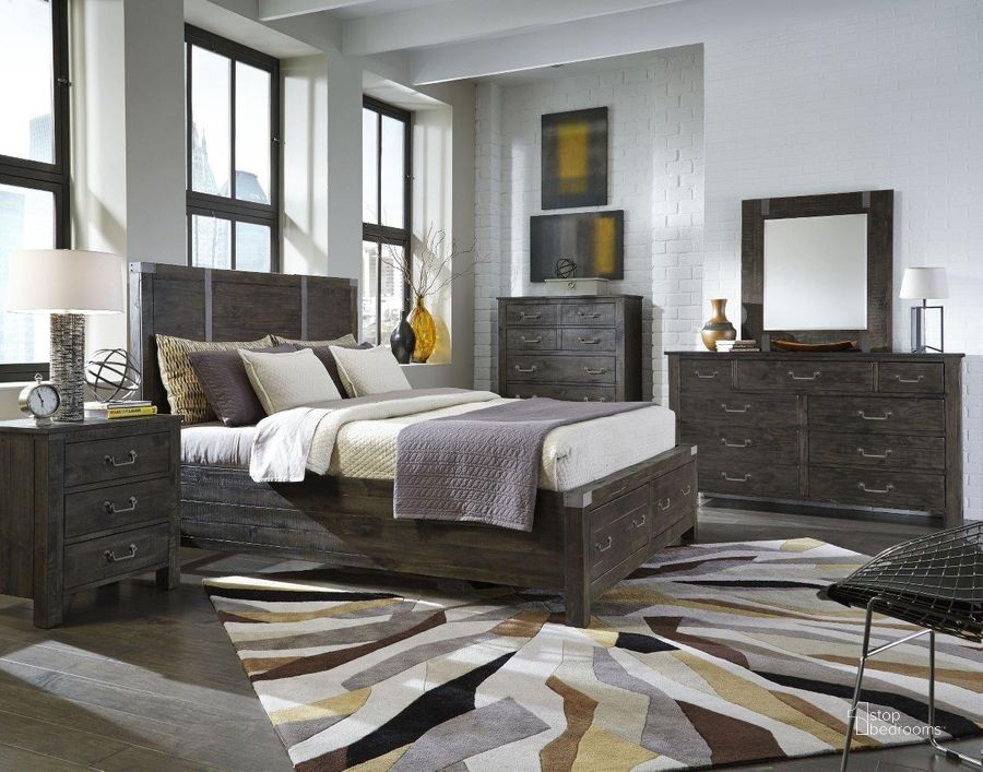 The appearance of Abington Weathered Charcoal Panel Bedroom Set designed by Magnussen in the transitional interior design. This gray piece of furniture  was selected by 1StopBedrooms from Abington Collection to add a touch of cosiness and style into your home. Sku: B3804-54H;B3804-54F;B3804-54R;B3804-05. Bed Type: Panel Bed. Material: Wood. Product Type: Panel Bed. Bed Size: Queen. Image1