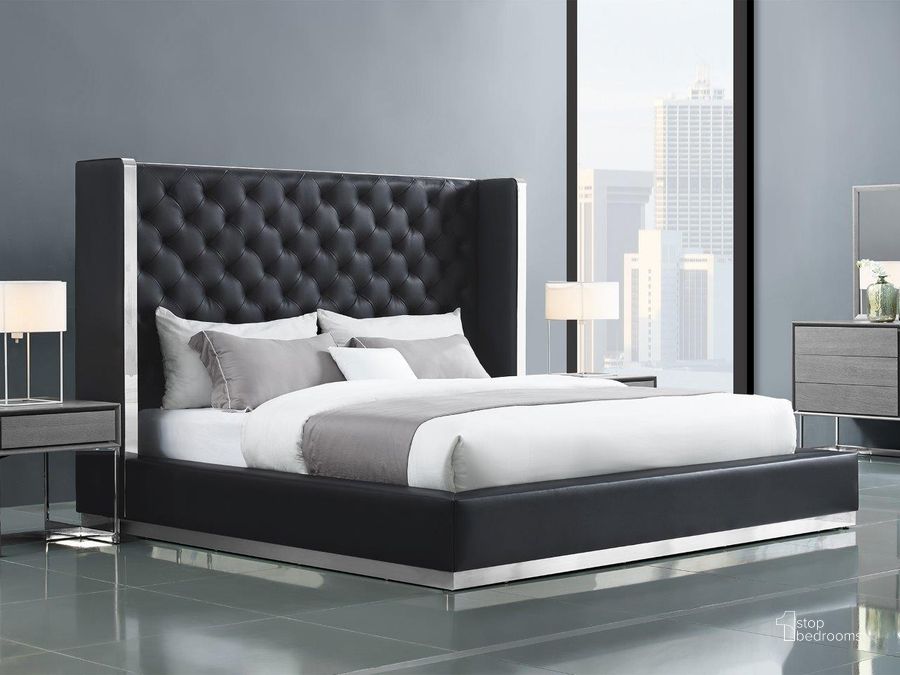Modern Black Upholstered King Bed Polished Gold and Faux Leather Headboard Included