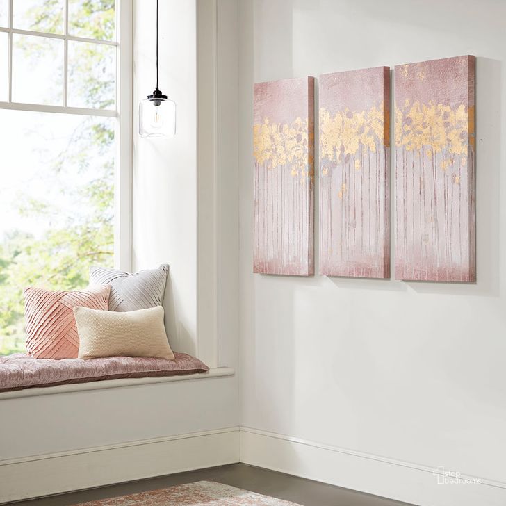 The appearance of Abstract Gel Coat Canvas With Metallic Foil Embellishment 3 Piece Set In Blush designed by Olliix in the transitional interior design. This blush piece of furniture  was selected by 1StopBedrooms from Twilight Forest Collection to add a touch of cosiness and style into your home. Sku: MP95C-0216. Product Type: Wall Art. Material: MDF. Image1