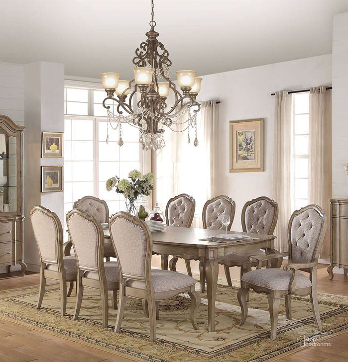 The appearance of Acme Chelmsford 9pc Dining Set in Antique Taupe designed by ACME in the transitional interior design. This gray piece of furniture  was selected by 1StopBedrooms from Chelmsford Collection to add a touch of cosiness and style into your home. Sku: 66050;66052;66053. Table Base Style: Legs. Table Top Style: Wood w/extension. Material: Wood. Product Type: Dining Room Set. Table Top Shape: Rectangular. Image1