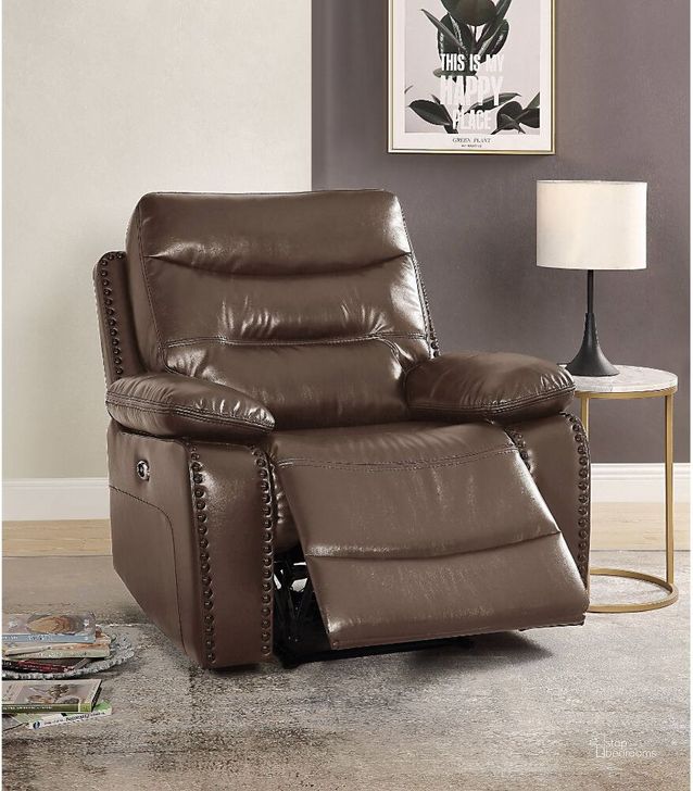 The appearance of Acme Aashi Power Motion Recliner In Brown Leather designed by ACME in the modern / contemporary interior design. This brown piece of furniture  was selected by 1StopBedrooms from Aashi Collection to add a touch of cosiness and style into your home. Sku: 55423. Material: Wood. Product Type: Recliner. Image1