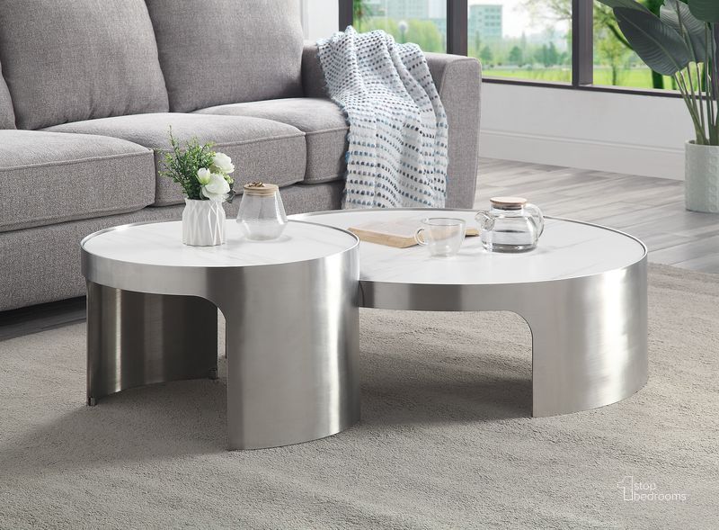 The appearance of Acme Abilene Coffee Table designed by ACME in the modern / contemporary interior design. This silver piece of furniture  was selected by 1StopBedrooms from Abilene Collection to add a touch of cosiness and style into your home. Sku: LV00223-1;LV00223-2;LV00223-3;LV00223-4. Product Type: Coffee Table. Material: Stainless Steel. Image1
