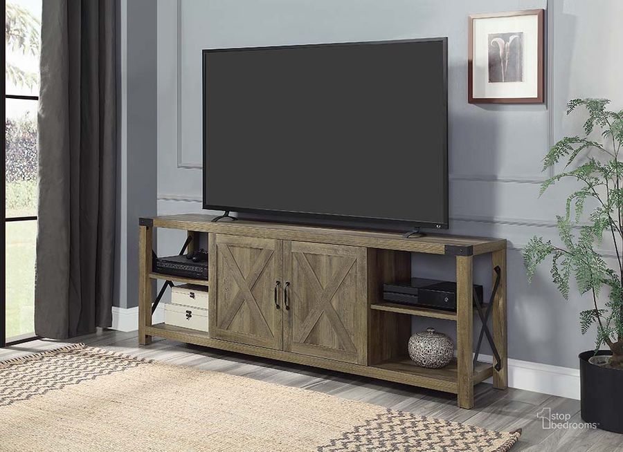 The appearance of Acme Abiram TV Stand In Rustic Oak Finish designed by ACME in the industrial interior design. This rustic oak piece of furniture  was selected by 1StopBedrooms from Abiram Collection to add a touch of cosiness and style into your home. Sku: LV01000. Material: Wood. Product Type: TV Stand. Image1