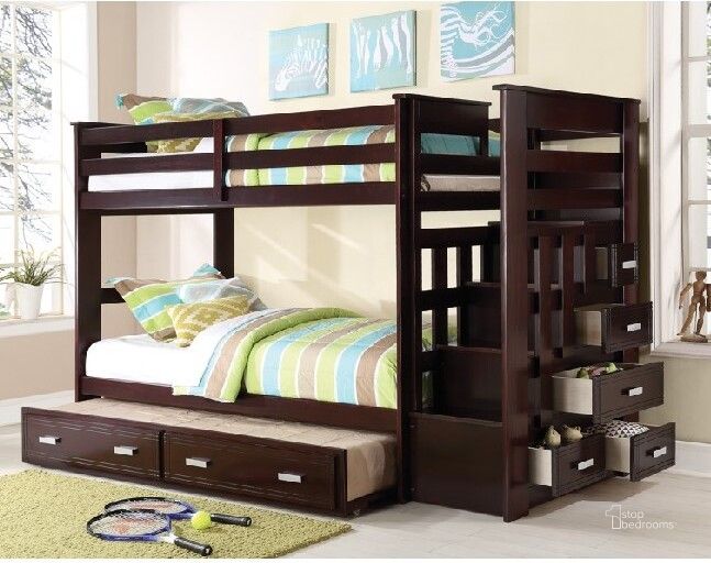 The appearance of Acme Allentown Twin Over Twin Bunk Bed With Storage Ladder And Trundle In Espresso designed by ACME in the transitional interior design. This espresso piece of furniture  was selected by 1StopBedrooms from Allentown Collection to add a touch of cosiness and style into your home. Sku: 10170W-HF;10171W-DR;10172W-RL;10173W-TRN. Bed Type: Bunk Bed. Material: Wood. Product Type: Bunk Bed. Bed Size: Twin Over Twin.