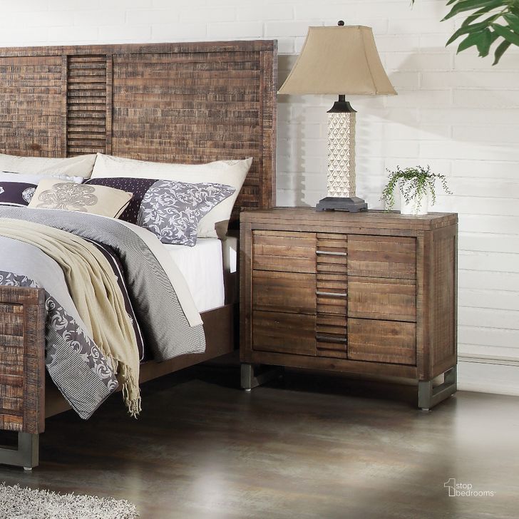 The appearance of Acme Andria 3-Drawer Nightstand in Reclaimed Oak designed by ACME in the transitional interior design. This brown piece of furniture  was selected by 1StopBedrooms from Andria Collection to add a touch of cosiness and style into your home. Sku: 21293. Material: Wood. Product Type: Nightstand. Image1