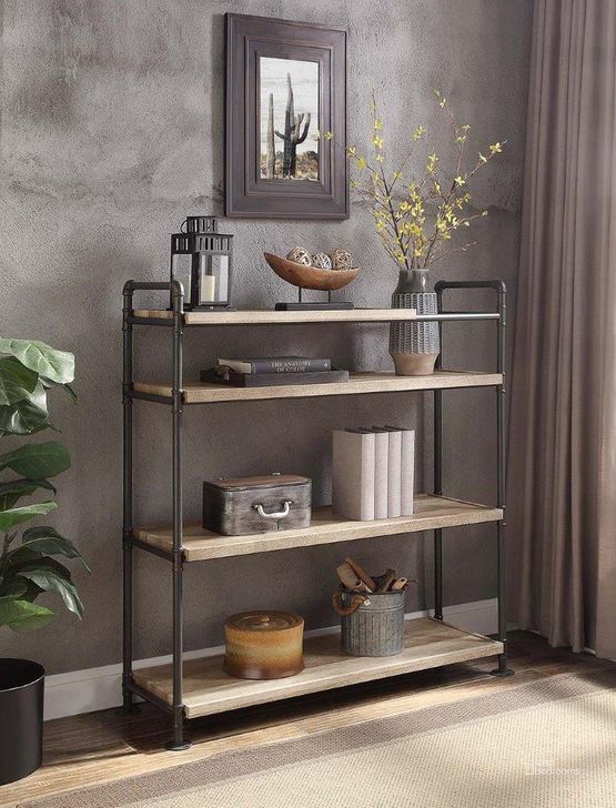 The appearance of Acme Brantley Bookshelf With 4 Shelves In Oak and Sandy Black Finish designed by ACME in the industrial interior design. This oak piece of furniture  was selected by 1StopBedrooms from Brantley Collection to add a touch of cosiness and style into your home. Sku: AC00757-1;AC00757-2. Material: Wood. Product Type: Bookcase. Image1