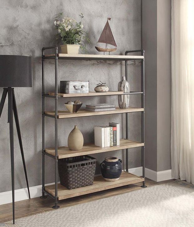 The appearance of Acme Brantley Bookshelf With 5 Shelves In Oak and Sandy Black Finish designed by ACME in the industrial interior design. This oak piece of furniture  was selected by 1StopBedrooms from Brantley Collection to add a touch of cosiness and style into your home. Sku: AC00758-1;AC00758-2. Material: Wood. Product Type: Bookcase. Image1