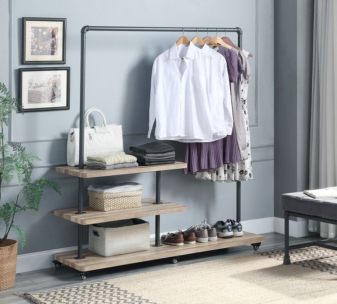 The appearance of Acme Brantley Hanger Rack In Oak And Sandy Gray Finish AC00434 designed by ACME in the industrial interior design. This oak piece of furniture  was selected by 1StopBedrooms from Brantley Collection to add a touch of cosiness and style into your home. Sku: AC00434. Material: Metal. Product Type: Rack.