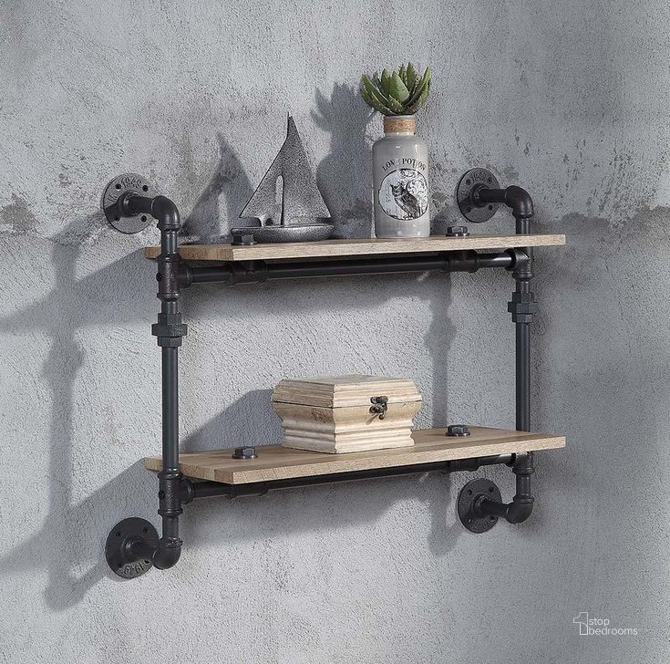 The appearance of Acme Brantley Wall Rack With 2 Shelves In Oak And Sandy Black Finish designed by ACME in the industrial interior design. This oak piece of furniture  was selected by 1StopBedrooms from Brantley Collection to add a touch of cosiness and style into your home. Sku: AC00735. Material: Metal. Product Type: Rack. Image1
