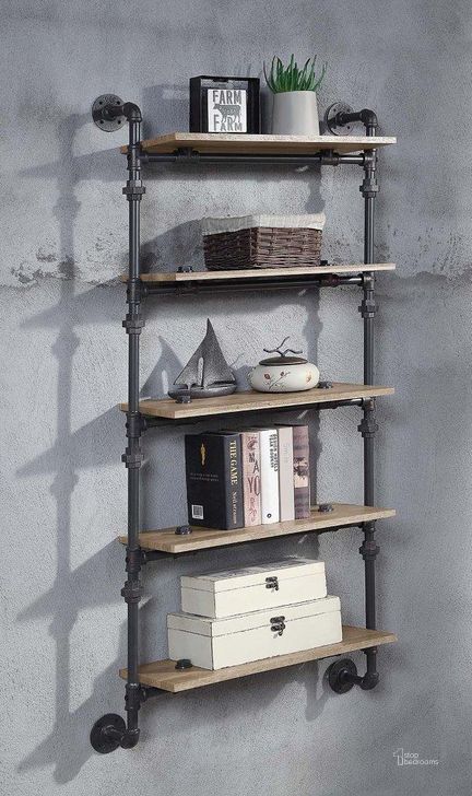 The appearance of Acme Brantley Wall Rack With 5 Shelves In Oak And Sandy Black Finish designed by ACME in the industrial interior design. This oak piece of furniture  was selected by 1StopBedrooms from Brantley Collection to add a touch of cosiness and style into your home. Sku: AC00738. Material: Metal. Product Type: Rack. Image1