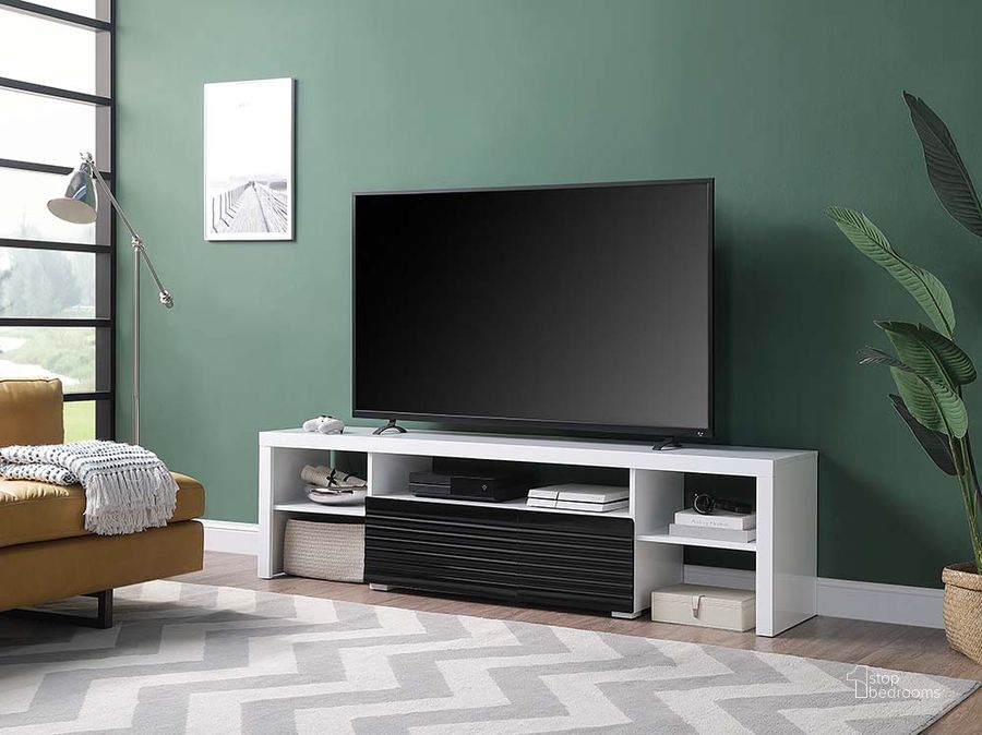 The appearance of Acme Buck Ii TV Stand In White And Black High Gloss Finish designed by ACME in the modern / contemporary interior design. This white and black piece of furniture  was selected by 1StopBedrooms from Buck Collection to add a touch of cosiness and style into your home. Sku: LV00998. Material: Wood. Product Type: TV Stand. Image1