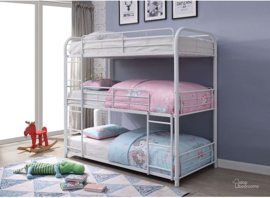 The appearance of Acme Cairo Triple Full Bunk Bed In White designed by ACME in the industrial interior design. This white piece of furniture  was selected by 1StopBedrooms from Cairo Collection to add a touch of cosiness and style into your home. Sku: 38115-1;38116-2. Bed Type: Bunk Bed. Material: Metal. Product Type: Bunk Bed. Bed Size: Full.