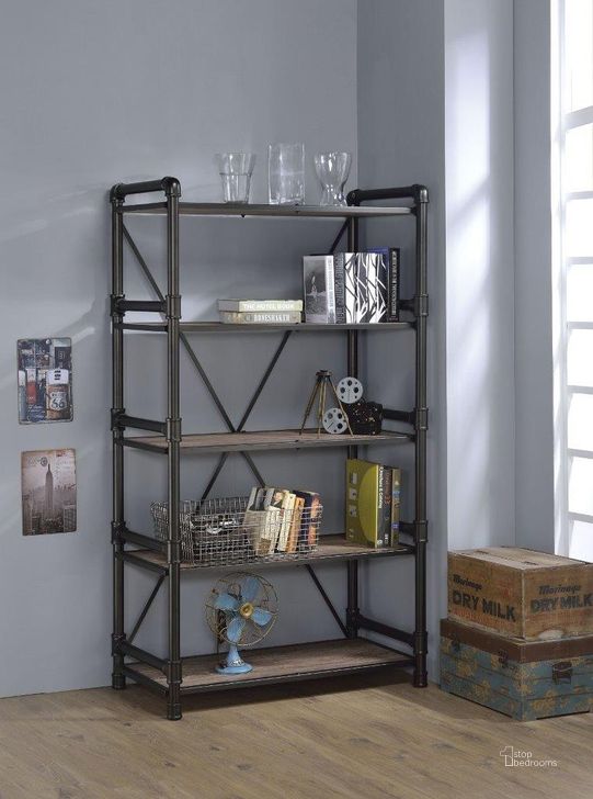 The appearance of Acme Caitlin Bookshelf In Rustic Oak and Black designed by ACME in the industrial interior design. This rustic oak and black piece of furniture  was selected by 1StopBedrooms from Caitlin Collection to add a touch of cosiness and style into your home. Sku: 92220BASE;92221PNL. Material: Wood. Product Type: Office Bookshelf.