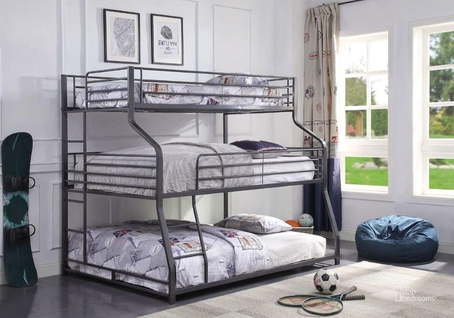 The appearance of Acme Caius Ii Triple Twin Over Full Over Queen Bunk Bed In Gunmetal designed by ACME in the industrial interior design. This gunmetal piece of furniture  was selected by 1StopBedrooms from Caius Ii Collection to add a touch of cosiness and style into your home. Sku: 37450-1;37451-2. Bed Type: Bunk Bed. Material: Metal. Product Type: Bunk Bed. Bed Size: Twin Over Full.