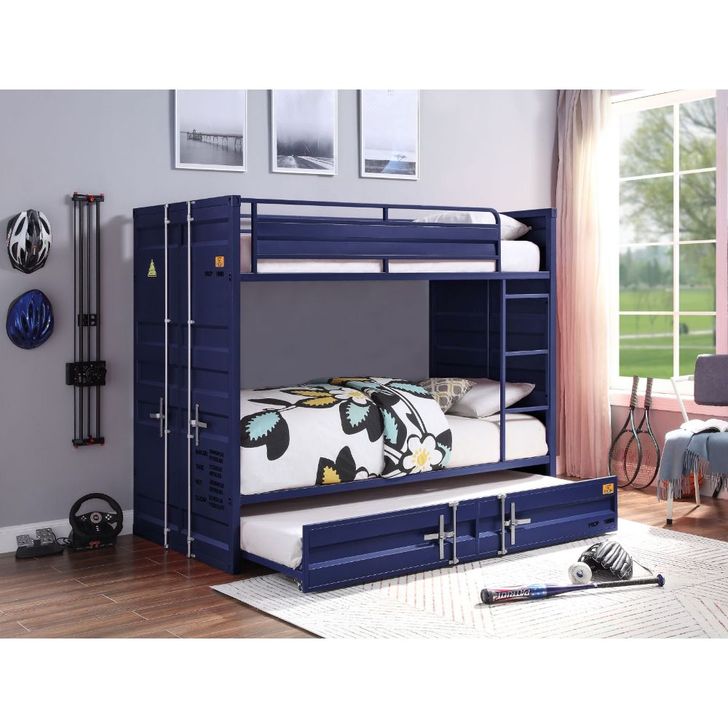 The appearance of Acme Cargo Twin Over Twin Bunk Bed 37900 designed by ACME in the industrial interior design. This blue piece of furniture  was selected by 1StopBedrooms from Cargo Collection to add a touch of cosiness and style into your home. Sku: 37900HF;37901R. Bed Type: Bunk Bed. Material: Metal. Product Type: Bunk Bed. Bed Size: Twin Over Twin. Image1