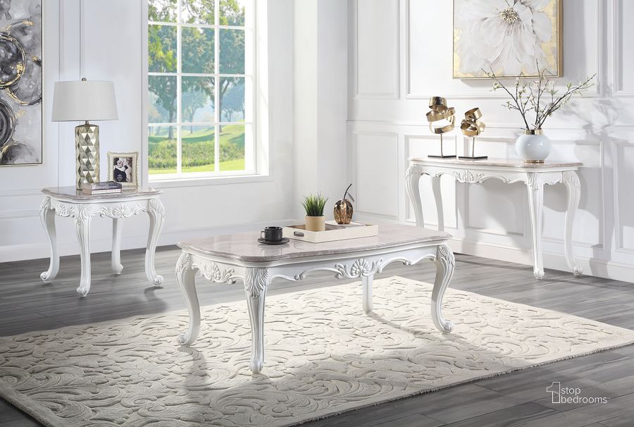 The appearance of Acme Ciddrenar White Coffee Table Set designed by ACME in the transitional interior design. This white piece of furniture  was selected by 1StopBedrooms from Ciddrenar Collection to add a touch of cosiness and style into your home. Sku: 84310;84312. Product Type: Occasional Table Set. Material: Resin. Image1