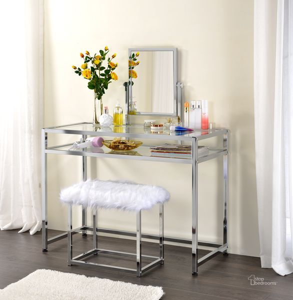 The appearance of Acme Coleen 3 Pc Pack Vanity Set In Chrome Finish designed by ACME in the modern / contemporary interior design. This chrome piece of furniture  was selected by 1StopBedrooms from Coleen Collection to add a touch of cosiness and style into your home. Sku: AC00666. Material: Metal. Product Type: Vanity Set. Image1