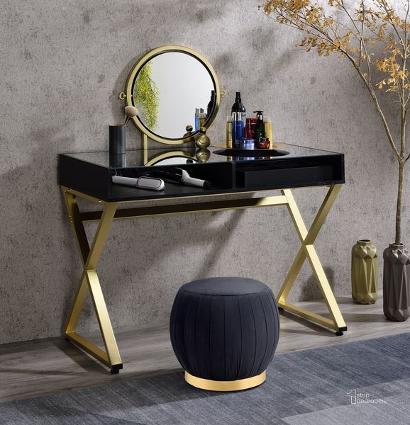 The appearance of Acme Coleen Vanity Desk With Mirror And Jewelry Tray In Black And Gold Finish designed by ACME in the modern / contemporary interior design. This black and gold piece of furniture  was selected by 1StopBedrooms from Coleen Collection to add a touch of cosiness and style into your home. Sku: AC00669. Material: Wood. Product Type: Vanity Desk. Image1
