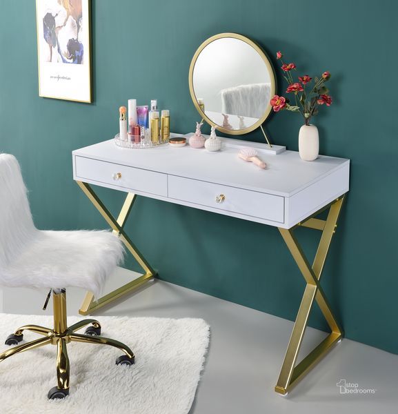 The appearance of Acme Coleen Vanity Desk With Mirror And Jewelry Tray In Chrome Finish AC00667 designed by ACME in the modern / contemporary interior design. This chrome piece of furniture  was selected by 1StopBedrooms from Coleen Collection to add a touch of cosiness and style into your home. Sku: AC00667. Material: Wood. Product Type: Vanity Desk. Image1
