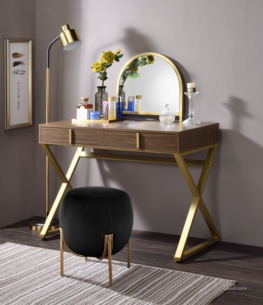 The appearance of Acme Coleen Vanity Desk With Mirror And Jewelry Tray In Walnut And Gold Finish AC00665 designed by ACME in the modern / contemporary interior design. This walnut piece of furniture  was selected by 1StopBedrooms from Coleen Collection to add a touch of cosiness and style into your home. Sku: AC00665. Material: Wood. Product Type: Vanity Desk. Image1