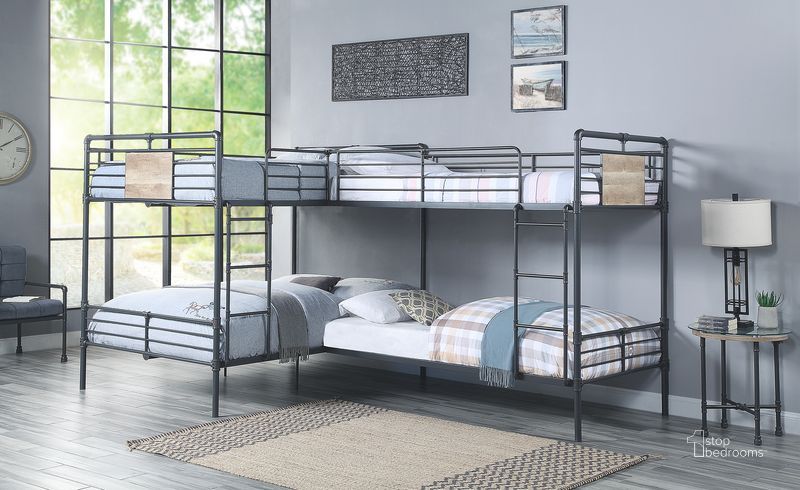 The appearance of Acme Cordelia Twin Over Full L Shape Bunk Bed In Sandy Black and Dark Brone Hand-Brushed Finish designed by ACME in the industrial interior design. This black piece of furniture  was selected by 1StopBedrooms from Cordelia Collection to add a touch of cosiness and style into your home. Sku: BD00365-1;BD00365-2. Bed Type: Bunk Bed. Material: Metal. Product Type: Bunk Bed. Bed Size: Twin Over Full.