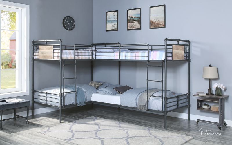 The appearance of Acme Cordelia Twin Over Twin L Shape Bunk Bed In Sandy Black and Dark Bronze Hand-Brushed Finish designed by ACME in the industrial interior design. This black piece of furniture  was selected by 1StopBedrooms from Cordelia Collection to add a touch of cosiness and style into your home. Sku: BD00370-1;BD00370-2. Bed Type: Bunk Bed. Material: Metal. Product Type: Bunk Bed. Bed Size: Twin Over Twin.