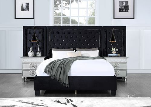 The appearance of Acme Damazy Eastern King Bed In Black Velvet designed by ACME in the modern / contemporary interior design. This black velvet piece of furniture  was selected by 1StopBedrooms from Damazy Collection to add a touch of cosiness and style into your home. Sku: BD00974EK1;BD00974EK2. Bed Type: Platform Bed. Material: Wood. Product Type: Platform Bed. Bed Size: Eastern King. Image1