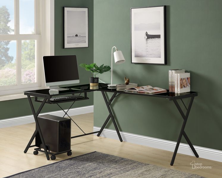 The appearance of Acme Demas Computer Desk In Black Glass And Black Finish designed by ACME in the modern / contemporary interior design. This black piece of furniture  was selected by 1StopBedrooms from Dazenus Collection to add a touch of cosiness and style into your home. Sku: OF00046. Material: Metal. Product Type: Computer Desk. Image1
