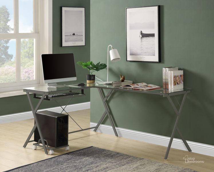 The appearance of Acme Demas Computer Desk In Clear Glass And Silver Finish designed by ACME in the modern / contemporary interior design. This silver piece of furniture  was selected by 1StopBedrooms from Dazenus Collection to add a touch of cosiness and style into your home. Sku: OF00047. Material: Metal. Product Type: Computer Desk. Image1