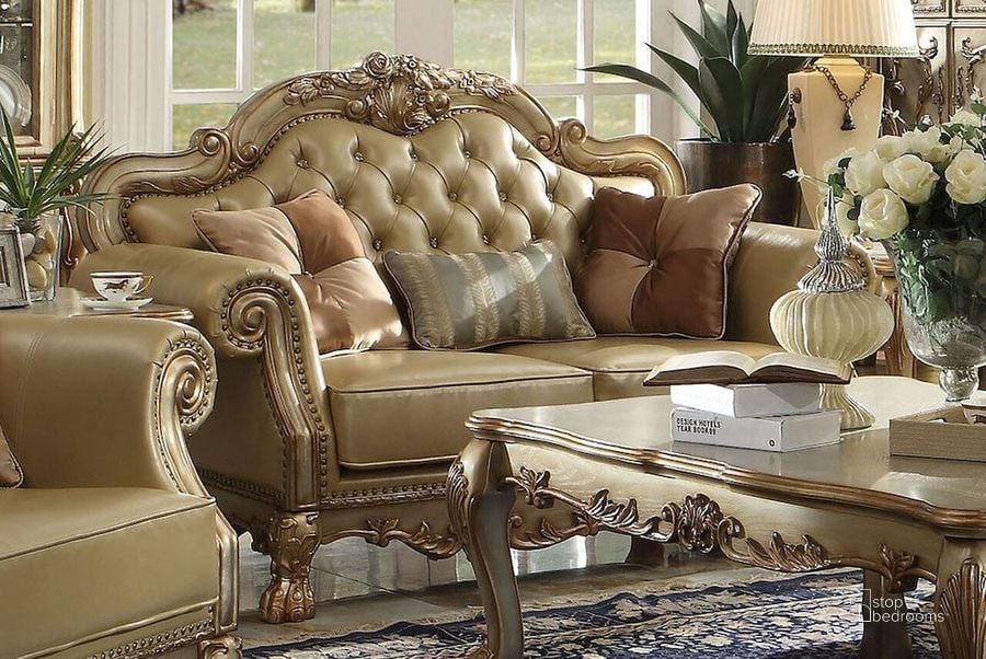 The appearance of Acme Dresden Loveseat in Gold Patina designed by ACME in the transitional interior design. This gold piece of furniture  was selected by 1StopBedrooms from Dresden Collection to add a touch of cosiness and style into your home. Sku: 53161. Product Type: Loveseat. Material: Vinyl. Image1
