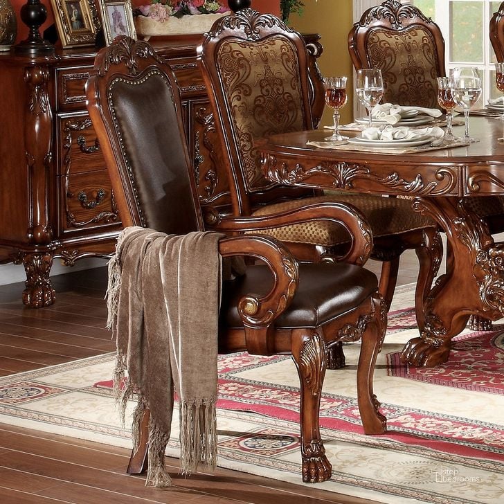 The appearance of Acme Dresden Pedestal Dining Arm Chairs in Brown Cherry Oak (Set of 2) designed by ACME in the transitional interior design. This brown piece of furniture  was selected by 1StopBedrooms from Dresden Collection to add a touch of cosiness and style into your home. Sku: 12154. Material: Wood. Product Type: Arm Chair. Image1