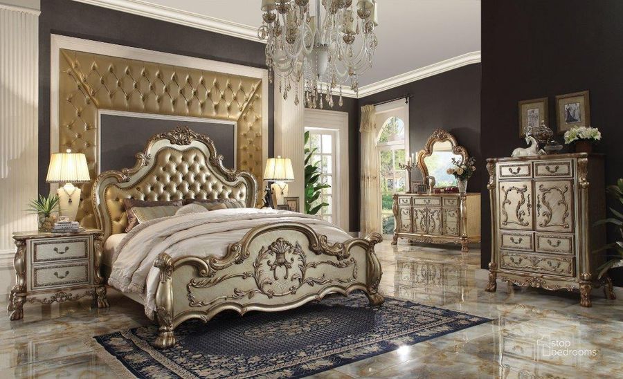 The appearance of Acme Dresden Queen Bed In Gold Patina designed by ACME in the transitional interior design. This gold patina piece of furniture  was selected by 1StopBedrooms from Dresden Collection to add a touch of cosiness and style into your home. Sku: 23160Q-HB;23161Q-FB;23162Q-R. Bed Type: Panel Bed. Material: Wood. Product Type: Panel Bed. Bed Size: Queen.