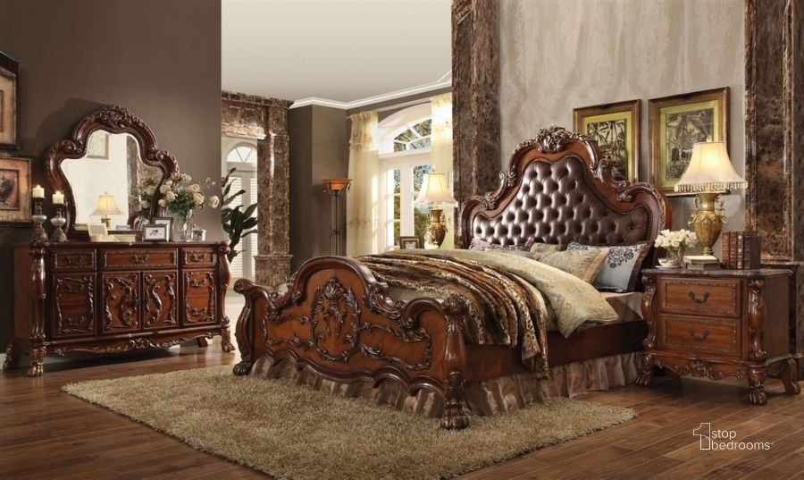 The appearance of Acme Dresden Upholstered Bedroom Set in Cherry Oak designed by ACME in the transitional interior design. This brown piece of furniture  was selected by 1StopBedrooms from Dresden Collection to add a touch of cosiness and style into your home. Sku: 23140Q-HB;23141Q-FB;23142Q-R;12143. Bed Type: Panel Bed. Product Type: Panel Bed. Bed Size: King. Material: Vinyl. Image1