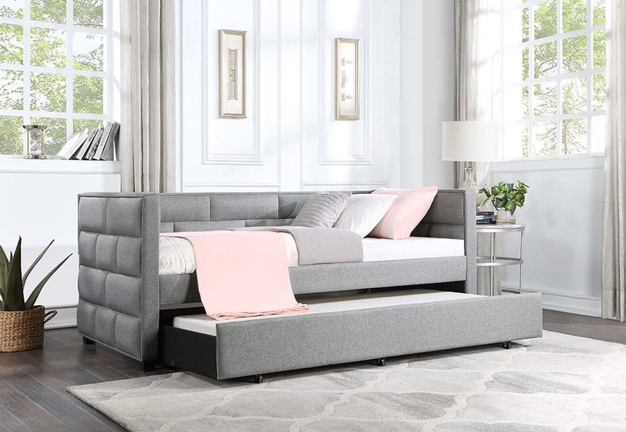 The appearance of Acme Ebbo Daybed And Trundle In Gray Fabric designed by ACME in the modern / contemporary interior design. This gray piece of furniture  was selected by 1StopBedrooms from Ebbo Collection to add a touch of cosiness and style into your home. Sku: BD00955-1;BD00955-2. Bed Type: Daybed. Material: Wood. Product Type: DayBed. Image1