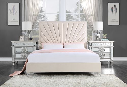 The appearance of Acme Faiz Eastern King Bed In Beige Velvet designed by ACME in the modern / contemporary interior design. This beige velvet piece of furniture  was selected by 1StopBedrooms from Faiz Collection to add a touch of cosiness and style into your home. Sku: BD00956EK1;BD00956EK2. Bed Type: Platform Bed. Material: Wood. Product Type: Platform Bed. Bed Size: Eastern King. Image1